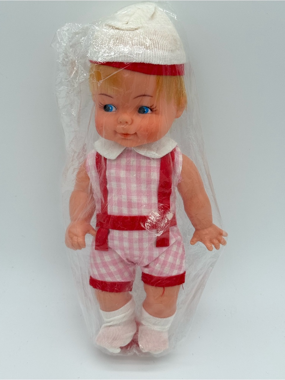 Vintage 1960s 1970s Boy Baby Doll Pink Gingham Romper New In Plastic Sealed VTG